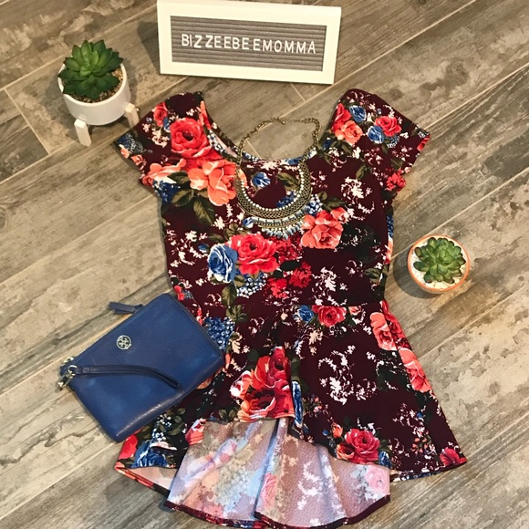 Tops - Floral red burgundy rose carnation peplum top